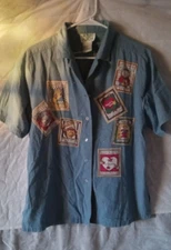 THE QUACKER FACTORY DARLING!! Vtg DENIM TOP SHIRT LIGHTHOUSE large Short Sleeve