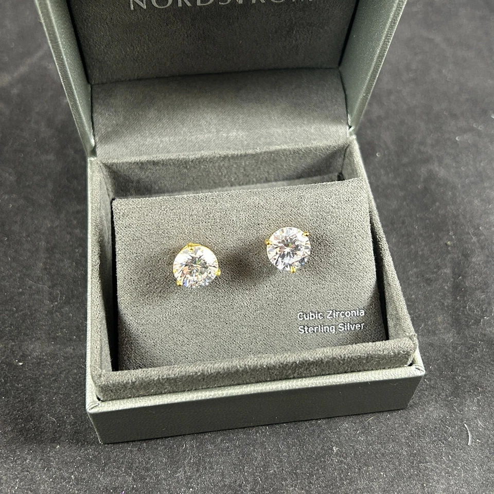 NORDSTROM STERLING SILVER GOLD PLATED CUBIC ZIRCONIA STUD EARRINGS W/ CASE - Image 2 of 4