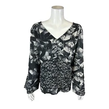 H by Halston Women's Printed V-Neck Double Layer Flounce Top Black 20W Size