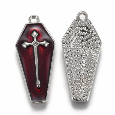 Coffin Pendant Red Enamel Halloween Charm Cross Box Gothic Jewelry Supplies 26mm