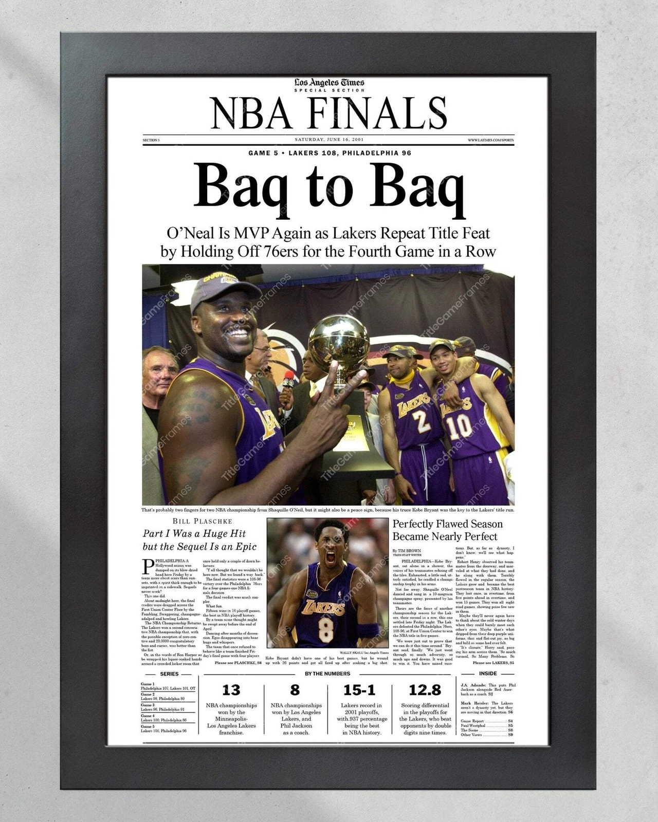 2001 Los Angeles Lakers NBA Champion UnFramed Front Page Newspaper Print