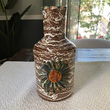 Vintage MCM Italian Pottery Vase Pitcher Drip Glaze Textured Brown White Floral
