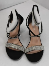 Top Moda Black Ankle Strap Sandals Open Toe Rhinestone 3-1/2" Block Heel Sz 8.5