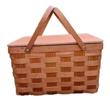 Vtg Wicker Picnic Basket Large Woven Wood Insulated Basketville Putney Vermont