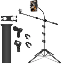 Mic Stand Microphone Floor Boom with Tablet Phone Holder Height Adjustable Clips