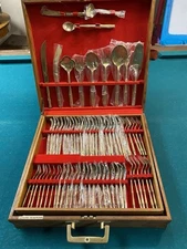 Vintage Solid Nickel Bronze Silverware Set 142 Pieces In A Genuine Teakwood Box 