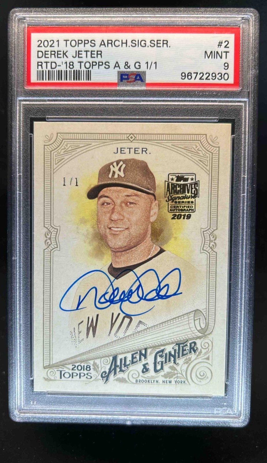 2021 Topps Archives Signature Series Derek Jeter 2018 Ginter Auto #1/1 PSA 9