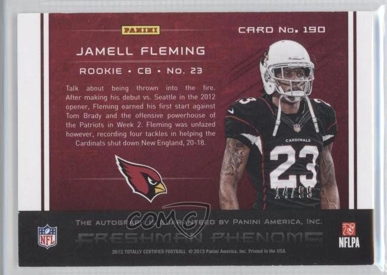 2012 Totally Certified Platinum Blue /99 Jamell Fleming #190 Rookie Auto RC - Image 2 of 2
