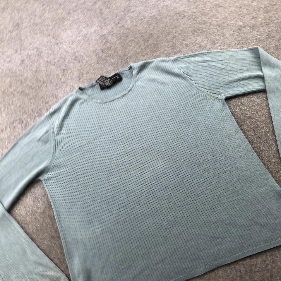 Top de seda vintage August para mujer mediano azul verde tejido acanalado pulóver 100 % seda Foto 3 de 4