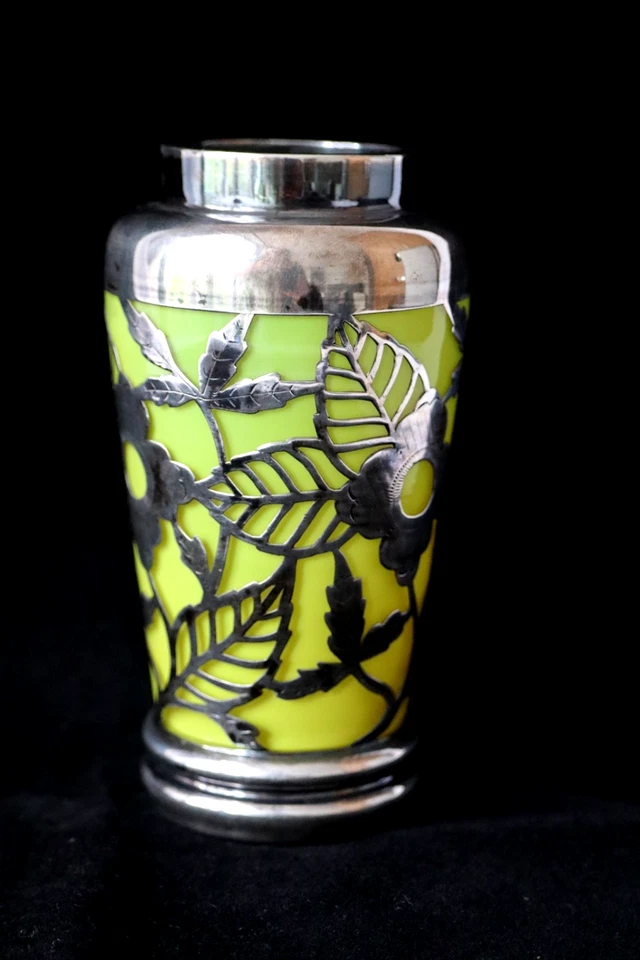 Antike Art Deco F. Spahr Citrin gelbes Glas Silber Überfang Vase um 1930 - Bild 2 von 4