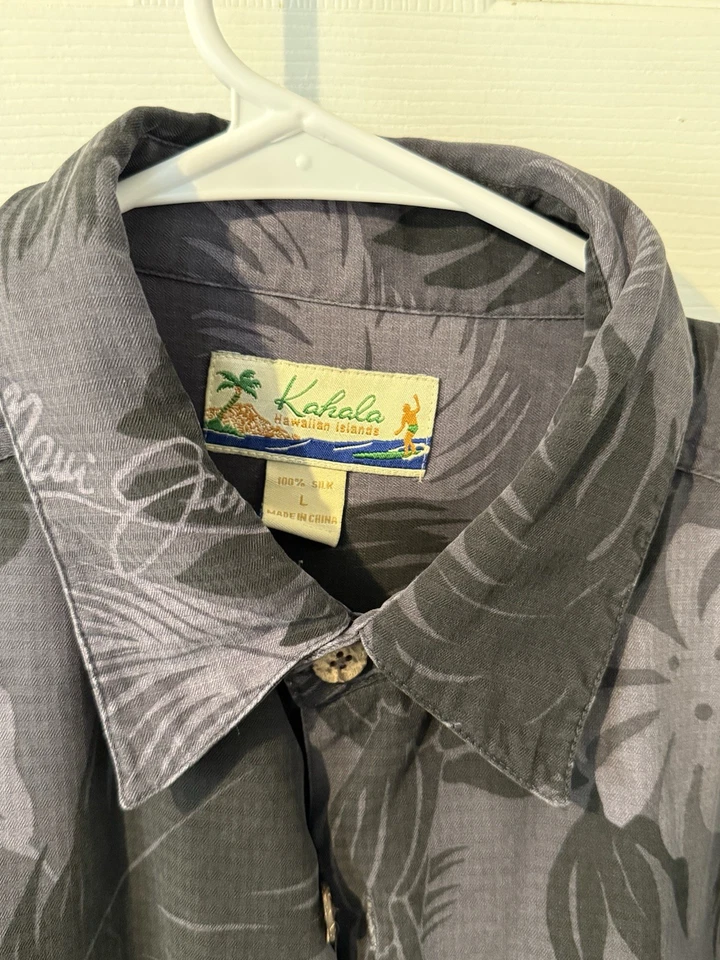 Camisa hawaiana Kahala Maui Jim para hombre talla grande negra gris abotonada 100 % seda Foto 2 de 4