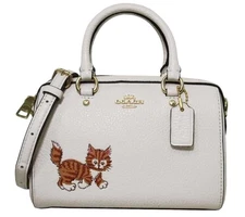COACH Mini Bennett 2WAY Satchel Bag Cat Motif White Leather