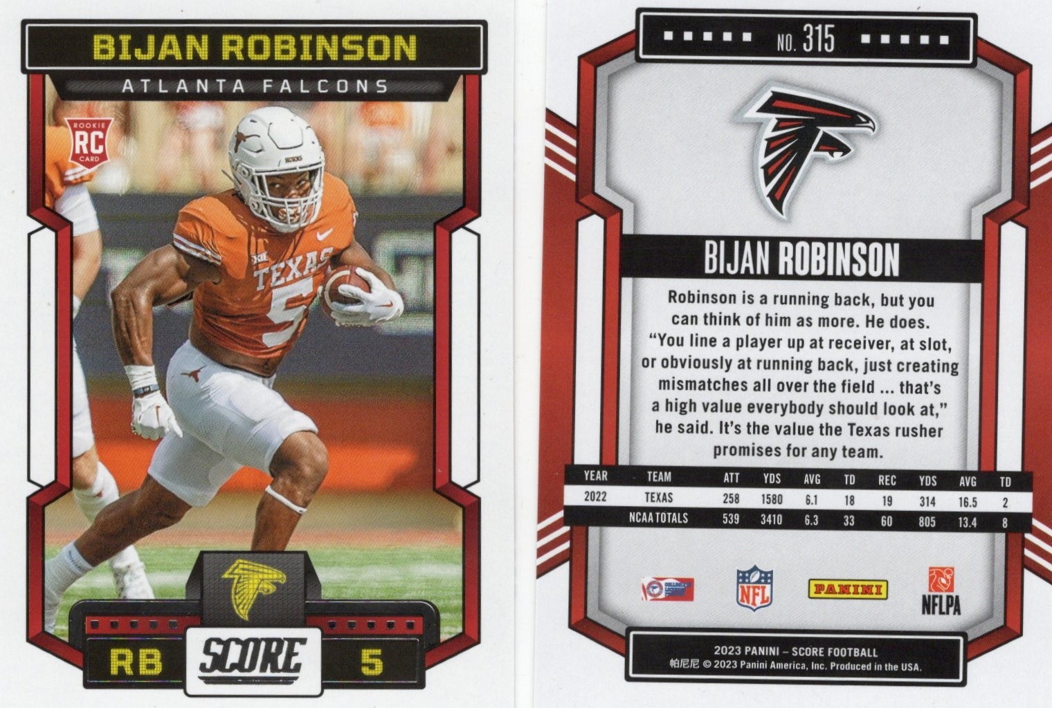 Bijan Robinson Falcons 2023 Score Rookie Card #315 Bx11a
