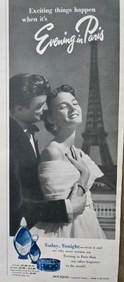 1954 Bourjois Evening in Paris cologne perfume face powder romantic vintage ad 