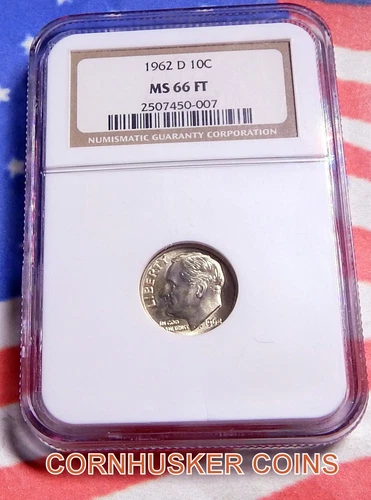 1962 D ROOSEVELT SILVER DIME NGC MS 66 FT~ SLIGHT TONING ~ FREE SHIPPING
