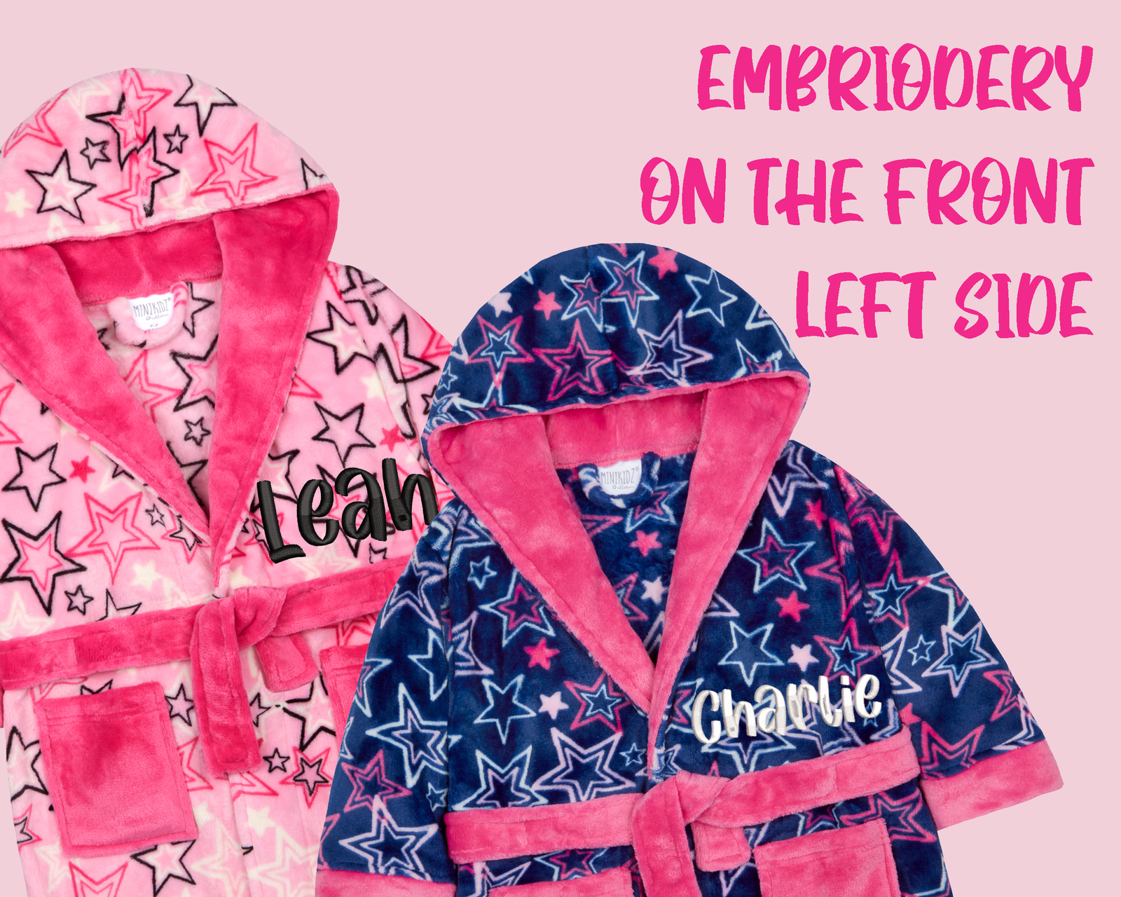 Personalised Kids Girls Starts Print Robe Name Embroidered Dressing