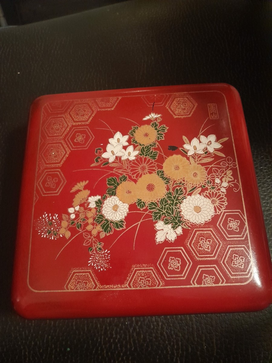 Unique Vintage Japanese Red Lacquer Bento Box Enamel Hand Painted