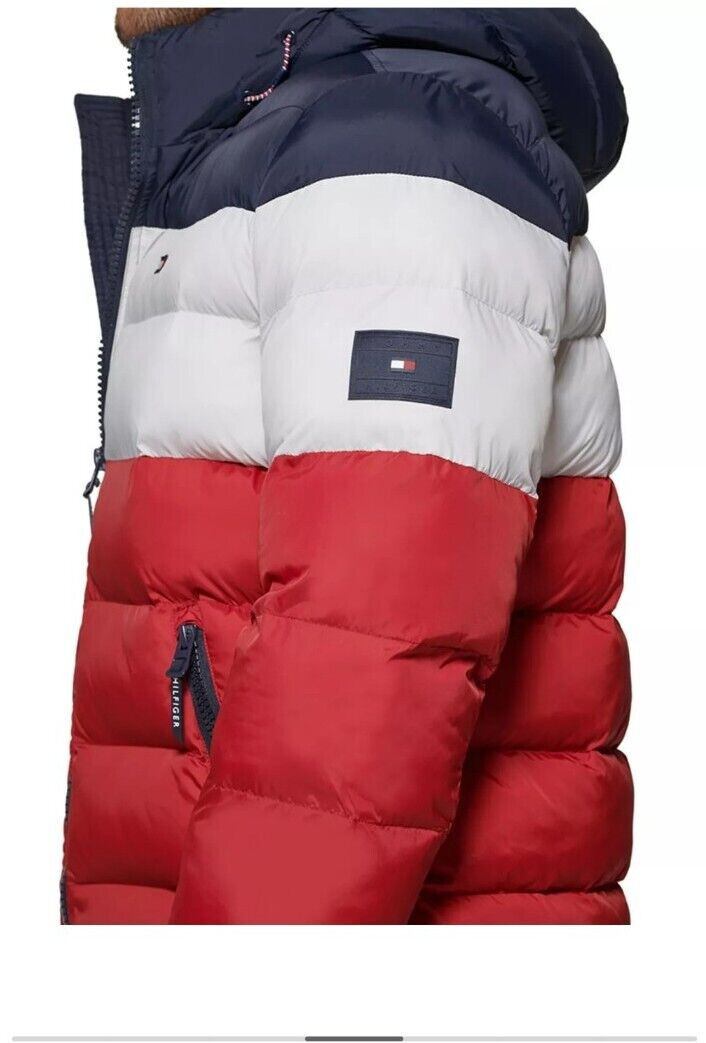 Tommy Hilfiger Men's Quilted Puffer Hooded Puffer Jacket Red White