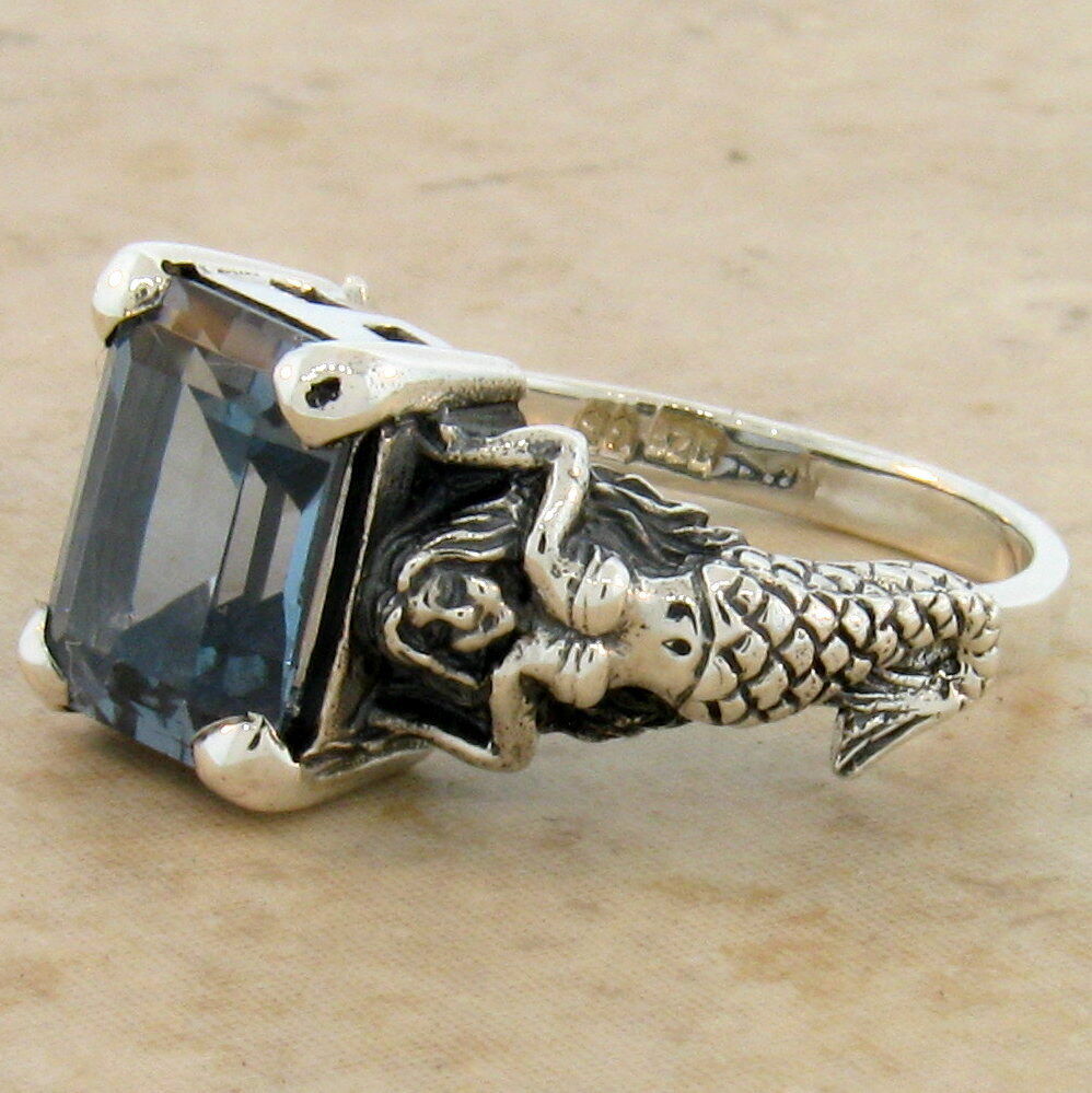 MERMAID VICTORIAN STYLE 925 STERLING SILVER SIMULATED AQUAMARINE RING       #604 View 3