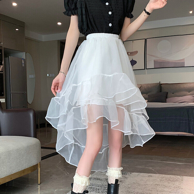 Lady Mesh Skirts Ruffle Frill Asymmetrical High Elastic Waist Fairy Lolita  Skirt