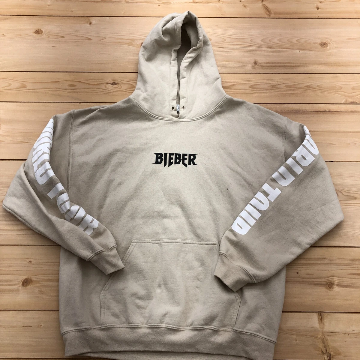 Vintage Gildan Beige Bieber Pullover Hoodie Cotton Blend Sweatshirt Adult Size L