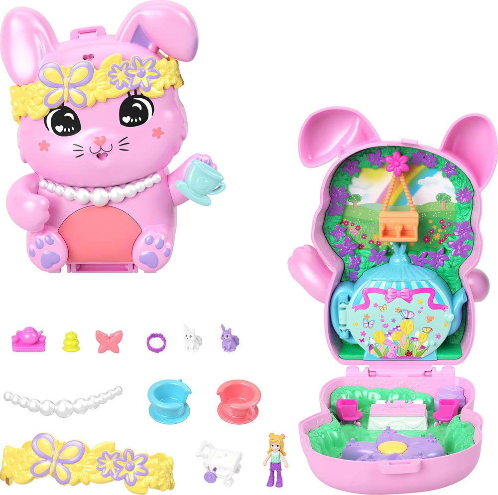 Polly Pocket Tea Party Bunny Compact Dolls and Pet Bunnies Playset New Toy Gift