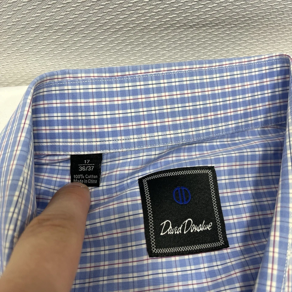 Camisa de vestir David Donahue para hombre 17 36/37 azul a cuadros botón puño francés - defecto Foto 4 de 4
