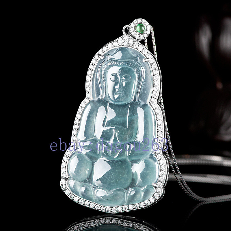 Certified A-Grade Blue Water Jadeite Guanyin Pendant with 925 Silver Inlay  