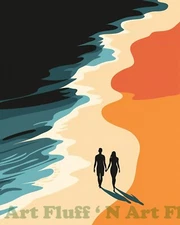 Couple Walk Holding Hands at Beach AI Digital Image 11x14 100% Cotton Paper B11