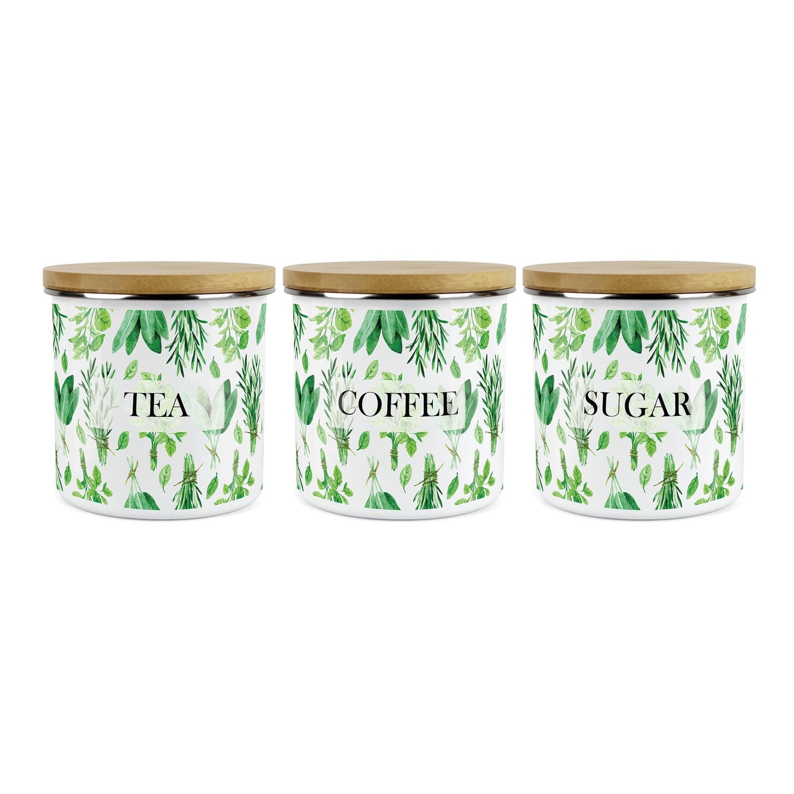 Tea, Coffee & Sugar Canisters - 3x Kitchen Herbs Enamel Airtight Jar Storage
