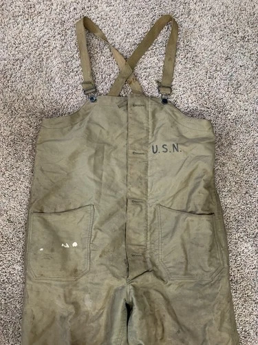 Vtg 40s WWII US Navy Deck Bib Overalls Distressed U.S.N. Stencil Medium Military