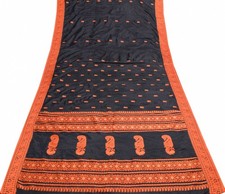 Sushila Vintage Black Dark Orange Saree Elegance Woven Soft Silk Sari Fabric