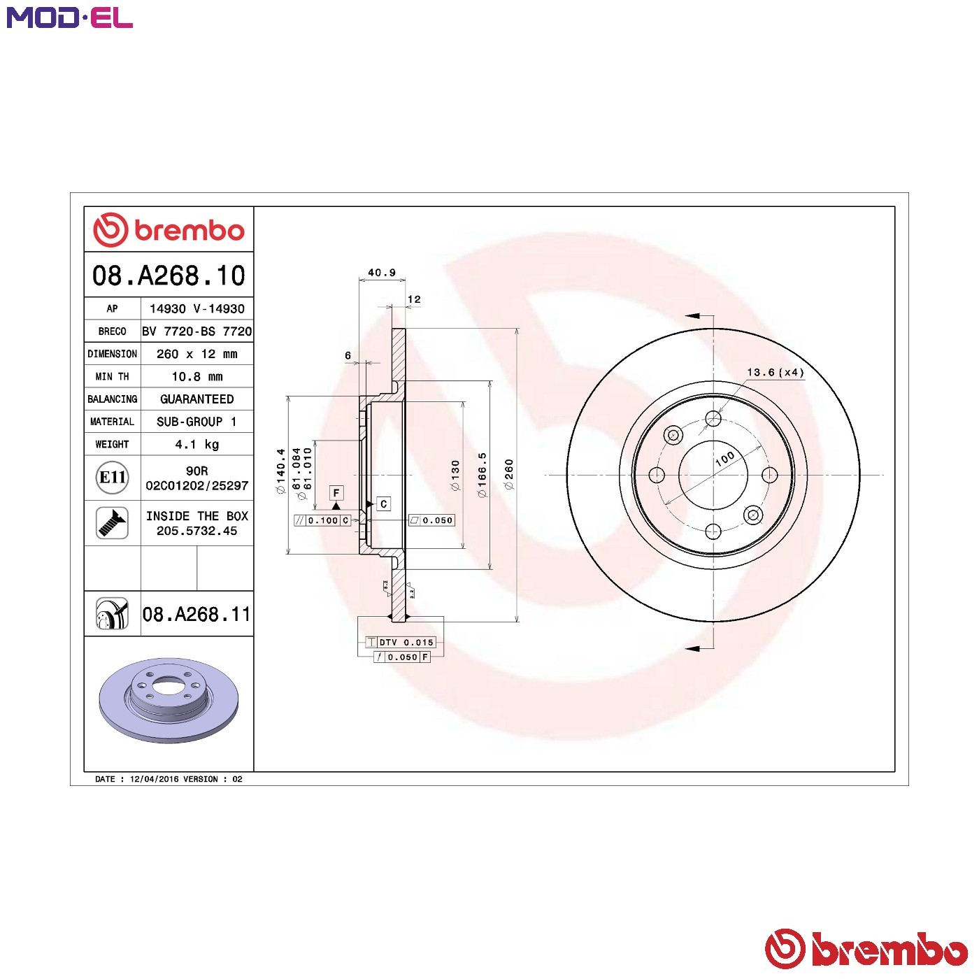 2x BRAKE DISC 08.A268.11 FOR RENAULT LOGAN TWINGO/II/Van/Hatchback TONDAR/90