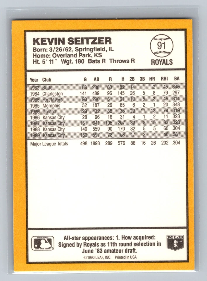 1990 Donruss Best of the American League #91 Kevin Seitzer - Image 2 of 2