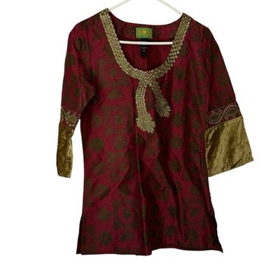 Tracy Porter Women s Boho Brocade Tunic Top Burgundy Gold Size M Embellished