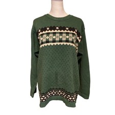 Vintage 1990s Fair Isle Nordic Green Cotton Sweater Small Rustic Cabin Heritage
