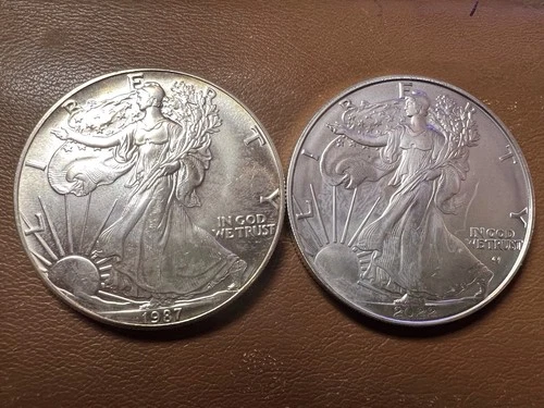 U.S. Mint American Eagle 1987 & 2022 Lot of 2, 1 oz .999 Fine Silver Coins