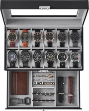 12-Slot Watch Case Organizer with Large Glass and Lid Removable Pillow Grey
