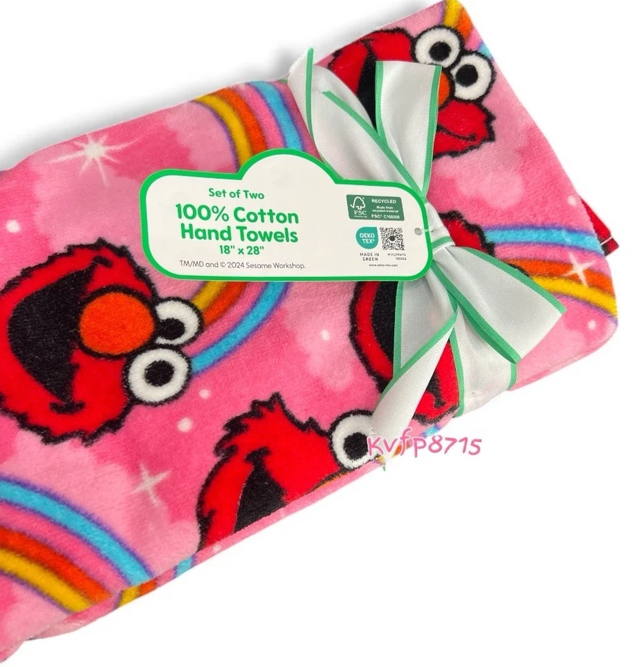Lindas toallas de mano 2 piezas Sesame Street Elmo arco iris y estrellas NUEVAS 100 % algodón rosa Foto 3 de 3