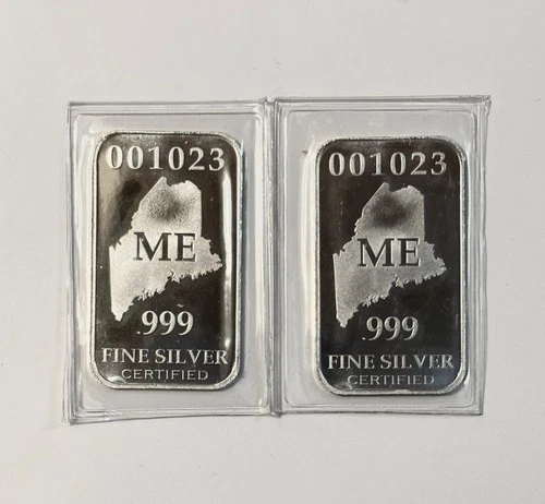 2 U.S. State Silver bar .999 1ozt Proof - ME/Maine - 001023
