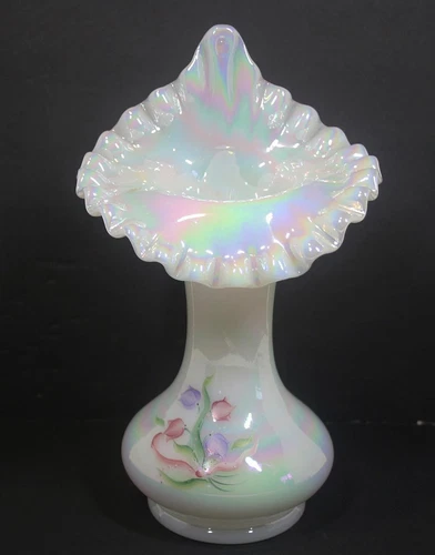 Fenton White Iridescent Jack In The Pulpit Vase Hand Painted C Smith Tulips