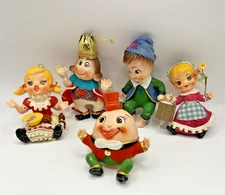 Vintage 60s Nursery Rhymes Plastic Flocked Ornaments Humpty Dumpty Lot Of 5