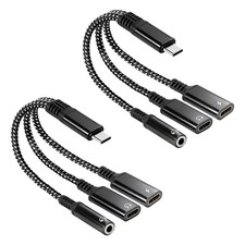 2 Pcs 3 in 1 Dual Type C Aux Splitter Charger, USB C to 3.5mm Headphone and Char
