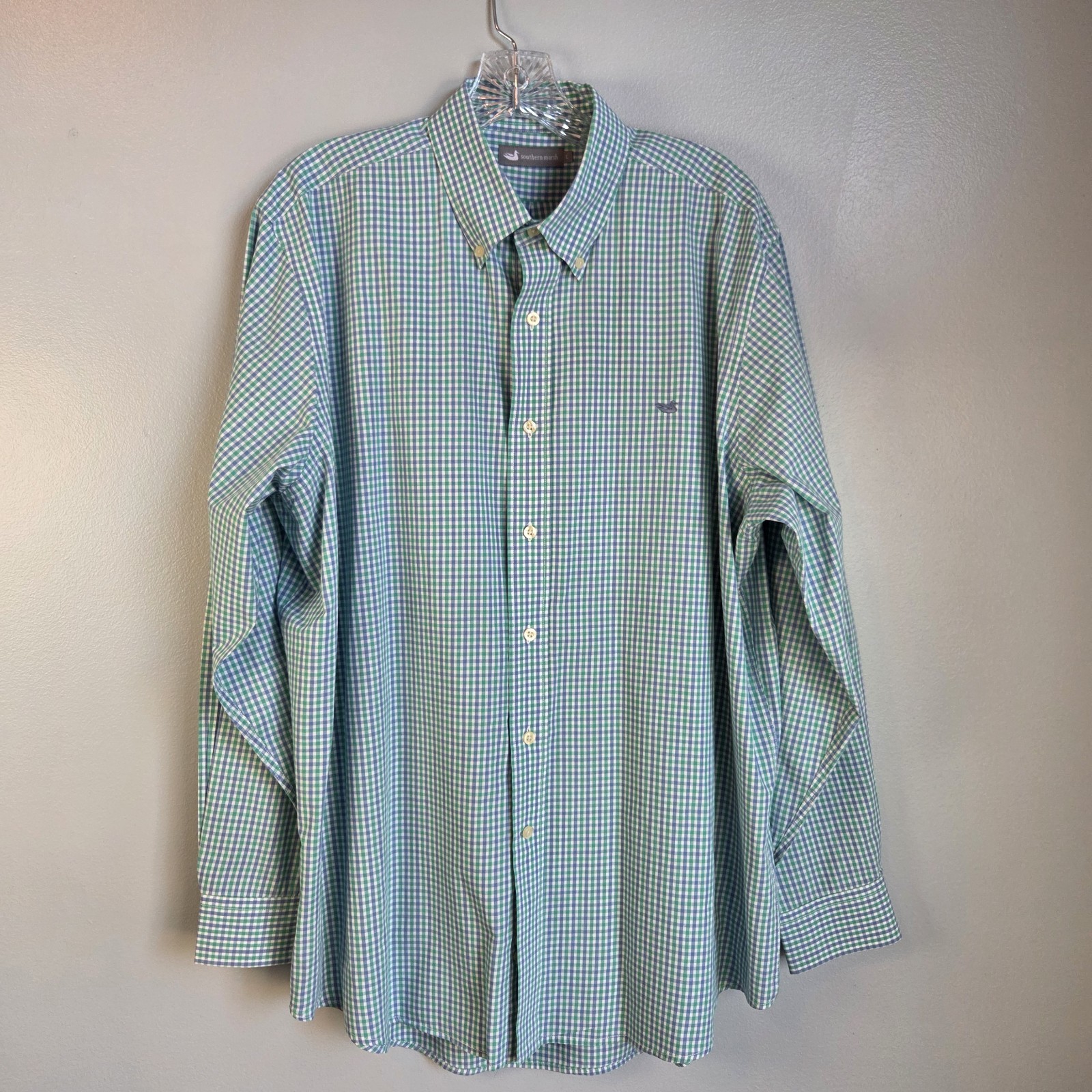 Southern Marsh Shirt Mens Large Green Blue Gingham Button Down Long Sleeve