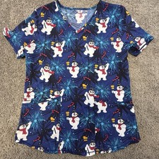 Frosty the Snowman Scrub Top Women's M Blue Christmas Holiday V-Neck Stretchy
