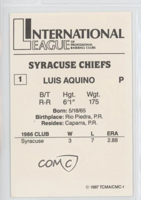 1987 TCMA/CMC International League Luis Aquino #1 Rookie RC - Image 2 of 2