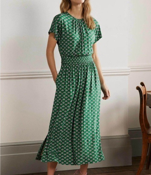 Boden Green Jersey Midi Dress Highland Geo Print Smocked Waist size 12P  Pockets | eBay
