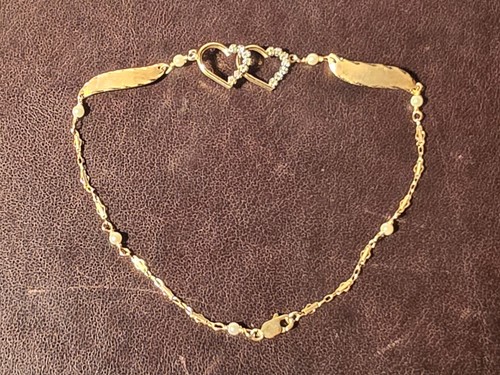 14K GOLD BRACELET ANKLET 9.25" LONG W/ 10K GOLD CLASP DUAL HEART & PEARL DESIGN
