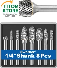 8Pcs Carbide Burr Set 1/4 Shank w/Clear Box Max Head Dia 10mm XL, Silver Grey 