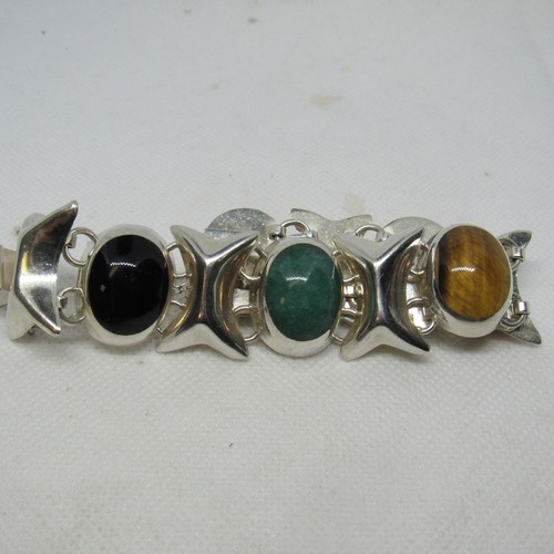 Vintage Mexico Sterling Silver Multi-Stone Cabochon XO Bracelet TD-102 - ~6.75 i - Picture 5 of 11